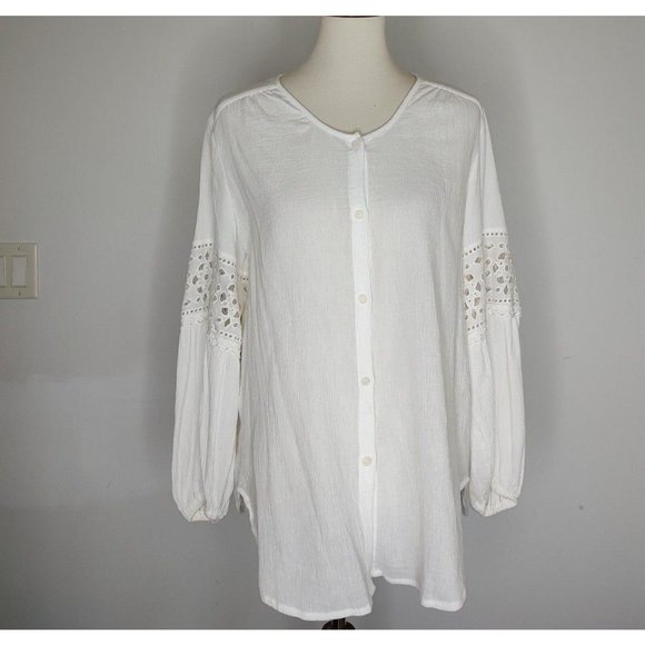 Max Studio Top Blouse Button Up Shirt White sz L Eyelet Balloon Sleeve… - Picture 2 of 8
